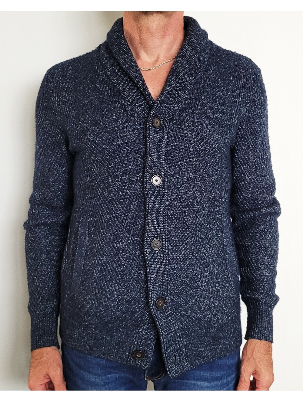 Banana Republic Men's Medium Shawl Collar Blue Cardigan Sweater Wool Blend